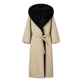 Lange damesparka in beige met zwarte pluche voering en een strikceintuur in de taille - S / Broken Wit