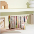 Borsa per trucco in tela beige con ricami verticali colorati e design a mano portatile - Bianco latte
