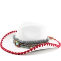 White felt cowboy hat with ethnic woven band, red brim edge, and turquoise stone accent - M(56-58cm) / White With Red Edge