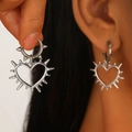Silver punk heart earrings with thorns featuring a gothic rock dangle hoop design - White K Spike Heart Hoop Earrings (DZ-435-22)