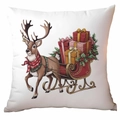 Detail of Christmas reindeer and red sleigh illustration on white square pillowcase - Reindeer Pulling Sleigh