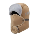 Winter khaki trapper hat with gray faux fur lining and integrated windproof face mask - One Size / Deep Beige