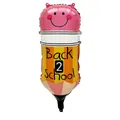 Pencil-shaped foil balloon with Back 2 School text and pink smiley face detail - Orange and Yellow Striped Pencil Shape