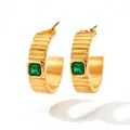 Gold vintage C-shaped hoop earrings with gear texture and green square zircon stone - Green Zircon (KDE998) / Gold