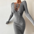 Elegant slim fit grey knitted long sleeve dress with sexy lace-up front detail - S / Gray