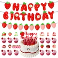 Strawberry theme birthday party decoration set with banners and cupcake toppers - Strawberry Birthday Set Style C