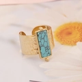 Golden hammer-textured open ring featuring a rectangular turquoise stone inlay - Rectangular Turquoise Hammered Texture (3#)