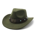 Détail du chapeau de cowboy vert armée avec bandeau en cuir, perles turquoise et boucle étoile - M(56-58cm) / Vert Militaire