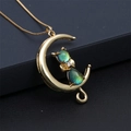 Collana luna dorata con ciondolo gatto con pietre preziose blu turchese luminose - Verde