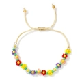 Handgemaakte kleurrijke kralenarmband met bloemenpatroon en verstelbaar gevlochten koord - Geen Kaart / Gebroken Wit Touw / Meerkleurige Kralen