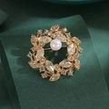 Elegant gold flower wreath brooch with crystal rhinestones and a white pearl accent - 391# Ring