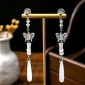 Silver bead drop earrings with transparent crystal butterfly and white waterdrop pendants - E2672-2/Crystal Butterfly Clip-on
