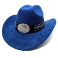 Close-up of royal blue suede cowboy hat with studded leather band and rhinestone buckle - M (56-58cm) / Sapphire Blue