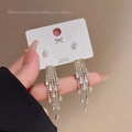 Silver 925 tassel drop earrings with white pearl and sparkling zircon rows - Silver Single Pearl Rhinestone Tassel (E0200)