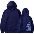 Oversized navy blue hoodie with a large pocket and Do What Makes You Happy print back - S / Navy Blue 312