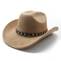 Khaki suède western cowboyhoed met zwart riempje met studs en brede rand - M(56-58cm) / Kameel (Suèda)