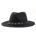 Detail of black straw fedora showing woven texture and ethnic beaded leather band - Black