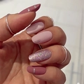 Pink glitter and matte almond press-on nails with silver stripes for women - JP3036 (Glue Type)