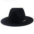 Close-up of black felt fedora hat featuring a thin belt and silver fish metal ornament - M (56-58cm) / Black