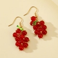 Detailed view of red grape cluster earrings with green leaves and gold metal hooks - Red Grape (N-918)