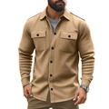 Men's khaki fleece-lined shacket with lapel collar and chest pockets for autumn - Camel