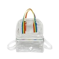 Transparent PVC backpack featuring vibrant rainbow webbing handle and white straps - Colorful