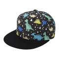 Kids' flat brim baseball cap with colorful cartoon dinosaur print on black fabric - Dinosaur