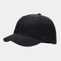 Close-up of black short brim baseball cap showing 6-panel structure and stitch detail - Adjustable / Black