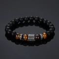 Men's matte black beads and tiger eye stone bracelet with micro-pave hex bead accents - Silver Pave Matte Black Beads