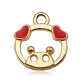 Golden round charm pendant with two red enamel hearts and stylized figures for jewelry - Pig