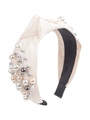 Cerchietto in tessuto beige annodato con perle finte e perline argentate alla moda - Stile 2 Bianco