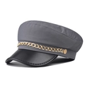 British style baker boy hat in grey fabric with black PU leather brim and gold chain - M (56-58cm) / Gray