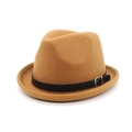 Classic British style wool felt fedora hat in camel with black leather buckle band - M(56-59CM) / Khaki