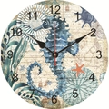 Vintage wooden silent wall clock featuring a blue seahorse and maritime nautical map design - Blue Seahorse Vintage Map