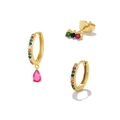 Gold earring set with colorful zircons in pink, blue, green, and yellow stones - Gold Colorful Gem Teardrop 3-Piece Set (#58)