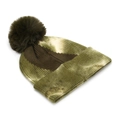 Detail of green and brown tie-dye knit beanie with fluffy faux fur pompom and ribbed texture - One Size / Green Brown White Camo Tie-dye (#8)