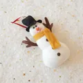 Detail of plush snowman ornament with black hat, yellow scarf and red hanging string - Classic Snowman
