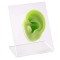 Green silicone ear model for jewelry display on a clear acrylic tilted support stand - Green Left Ear