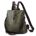 Retro dark green PU leather anti-theft backpack for women with brown straps and large capacity - Green