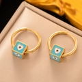 Golden hoop earrings with sky blue cube pendants and white heart motifs for women - Sky Blue Enamel Heart Cube Hoop Earrings Gold