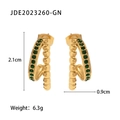 18K gold plated stainless steel C-shape earrings with green stone, 2.1cm height - Green Gemstone Gold Bead Vintage Style (JDE2023260-GN)