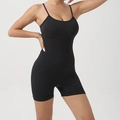 Seamless black yoga bodysuit with built-in pads and adjustable spaghetti straps - S / Black