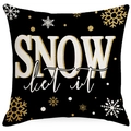 Funda de cojín navideño en tela negra con tipografía de nieve y copos de nieve dorados - Estampado Copo de Nieve SNOW Negro / 45*45cm (Sin Relleno)