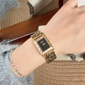 Women's gold rectangular quartz watch featuring leopard print strap and black Roman dial - Black Dial Rectangle Leopard Style (23071 Leopard Black)