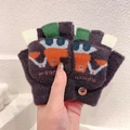 Deep purple knit flip-top gloves with cartoon monster pattern for children's winter warmth - 4-10 Years / Excavator-Black White