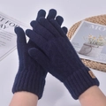 Detail of dark blue knit winter glove featuring a stylish deer leather patch on cuff - One Size / Navy Blue
