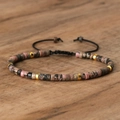 Braided natural stone bracelet with pink rhodonite beads and adjustable black wax cord - No.33 Rhodonite