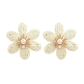 Handmade raffia flower stud earrings with central pearls and sparkling crystal rhinestones - Off White
