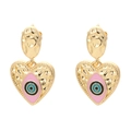 Colorful enamel evil eye heart earrings with 18K gold plating and hammered texture - Pink