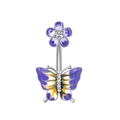 Detail of silver belly ring with purple butterfly and flower charms featuring zircon accents - Silver Gradient Enamel Flower Butterfly